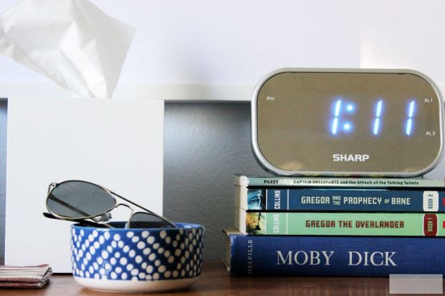 Bowl & alarm clock: Target.  Tissue holder: Container Store-I love these, I have these all over our house. And a vintage copy of  Moby Dick  for anytime he can t sleep, I refer him to this book and 5 minutes later, I find him asleep on page 2-WORKS EVERY TIME.