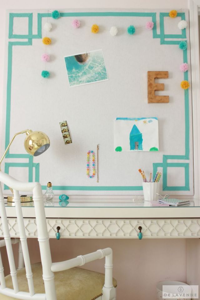 I made her bulletin board out of homesote sound board material and linen.  (Home Depot- about $12 for an 8 x 4 sheet! (I went  halfsies  here at 4 x 4 and split with my friend, Emily) .  I trimmed it with my own greek key design.  (note: future blog post!). Tip: For burn-free fingers, don t miter the corners when using the glue gun. Gold gumball Lamp: Urban Outfitters.